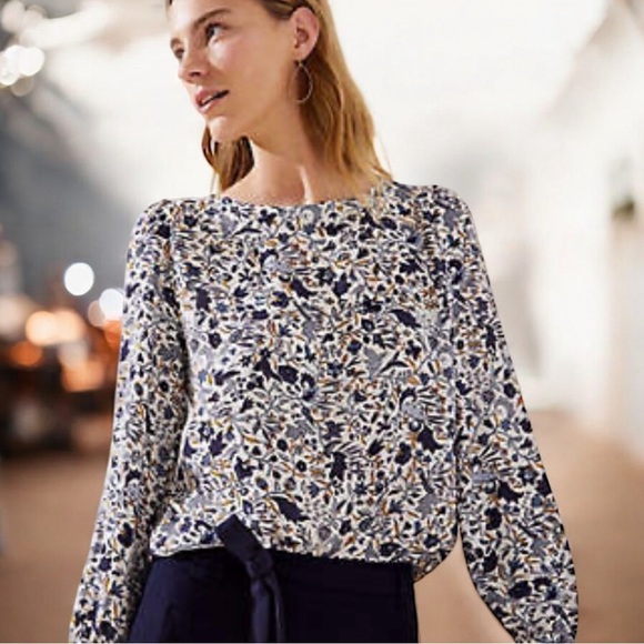 Loft Floral Vine Shirttail Blouse, Blue & Yellow floral top, size L - Picture 2 of 13
